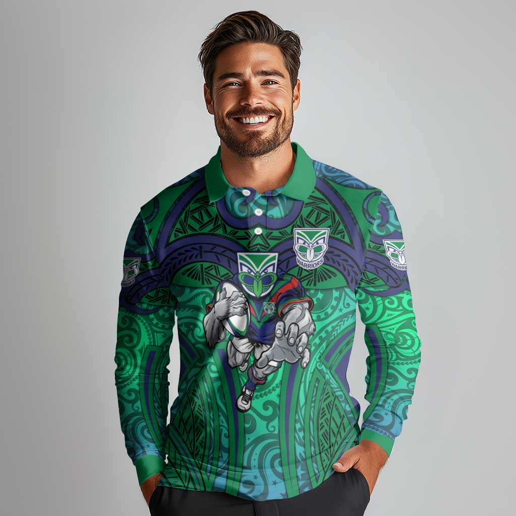 New Zealand Warriors Rugby Long Sleeve Polo Shirt Polynesian Tribal Warrior Mask Green Blue Pattern