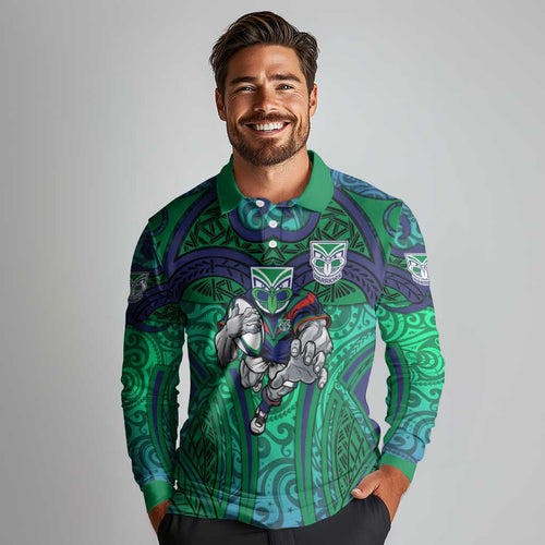 New Zealand Warriors Rugby Long Sleeve Polo Shirt Polynesian Tribal Warrior Mask Green Blue Pattern