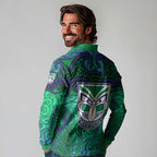 New Zealand Warriors Rugby Long Sleeve Polo Shirt Polynesian Tribal Warrior Mask Green Blue Pattern