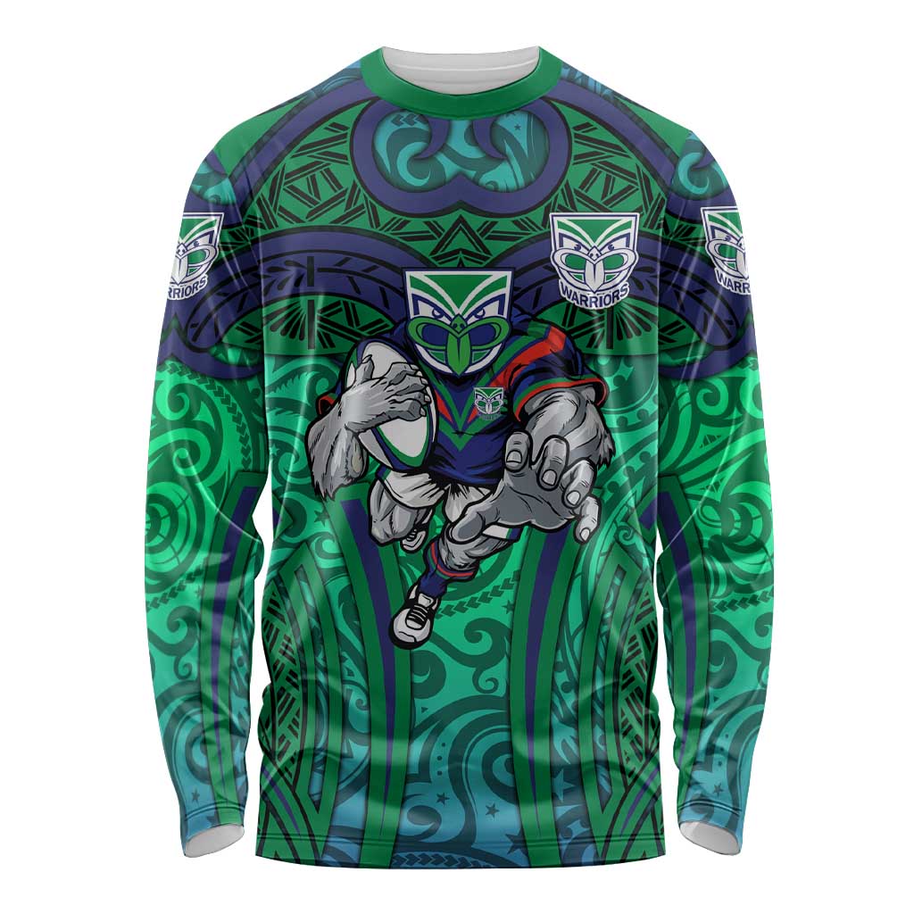 New Zealand Warriors Rugby Long Sleeve Shirt Polynesian Tribal Warrior Mask Green Blue Pattern