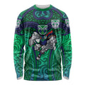 New Zealand Warriors Rugby Long Sleeve Shirt Polynesian Tribal Warrior Mask Green Blue Pattern