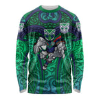 New Zealand Warriors Rugby Long Sleeve Shirt Polynesian Tribal Warrior Mask Green Blue Pattern