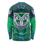 New Zealand Warriors Rugby Long Sleeve Shirt Polynesian Tribal Warrior Mask Green Blue Pattern