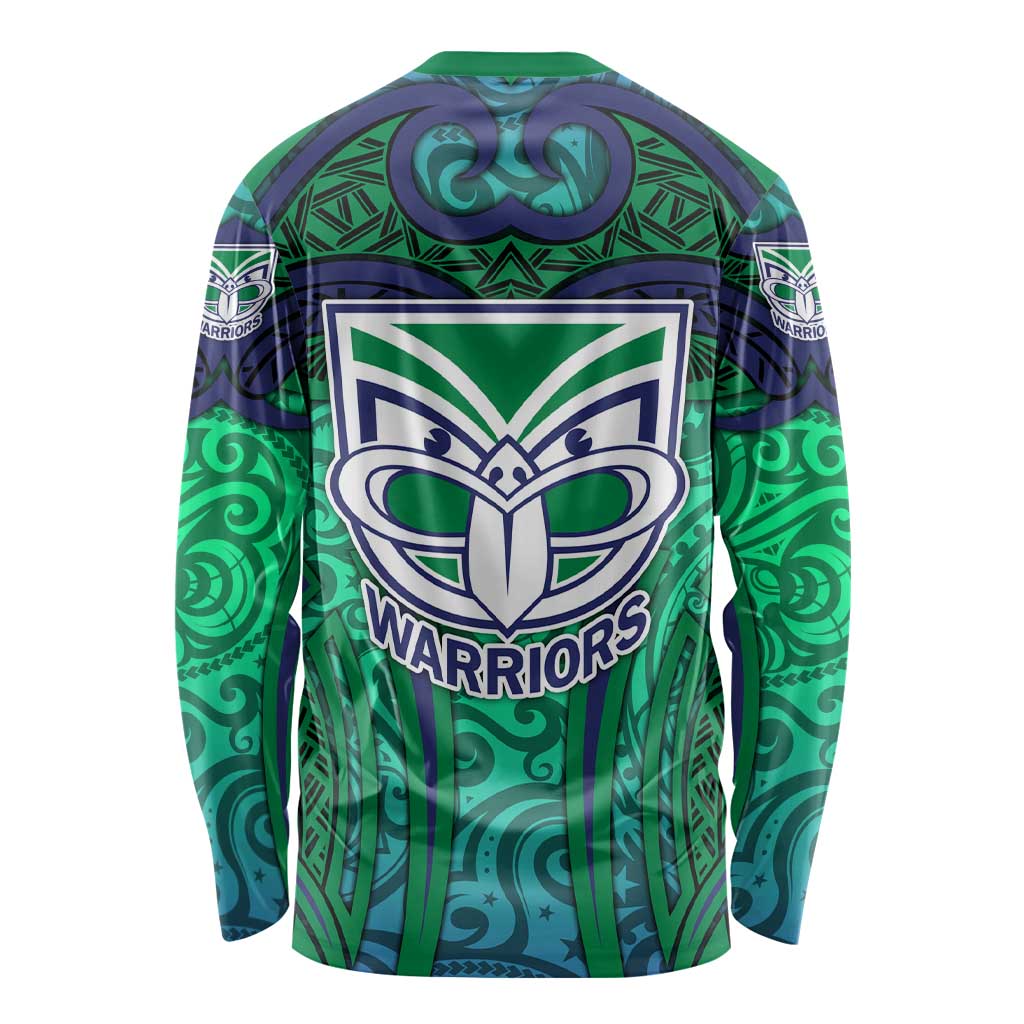 New Zealand Warriors Rugby Long Sleeve Shirt Polynesian Tribal Warrior Mask Green Blue Pattern