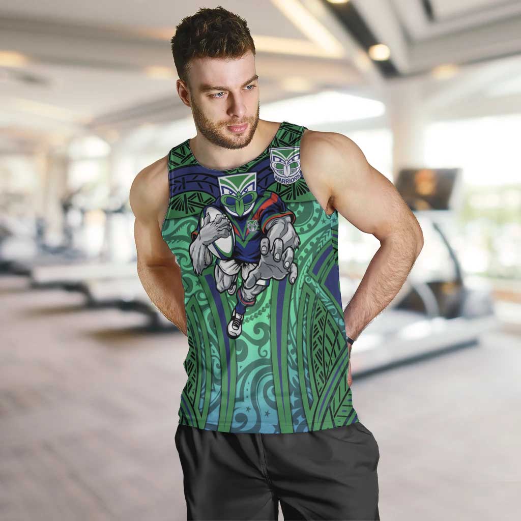 New Zealand Warriors Rugby Men Tank Top Polynesian Tribal Warrior Mask Green Blue Pattern
