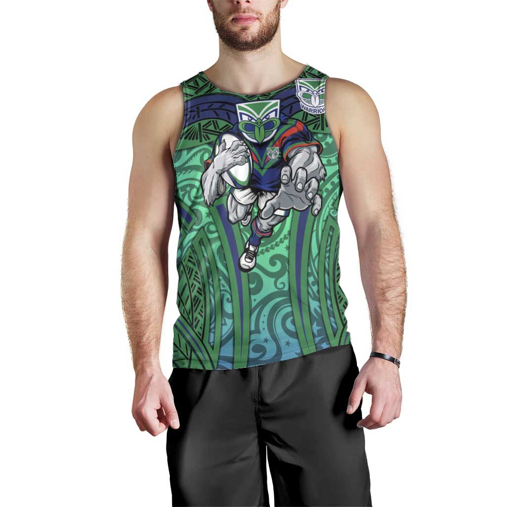 New Zealand Warriors Rugby Men Tank Top Polynesian Tribal Warrior Mask Green Blue Pattern
