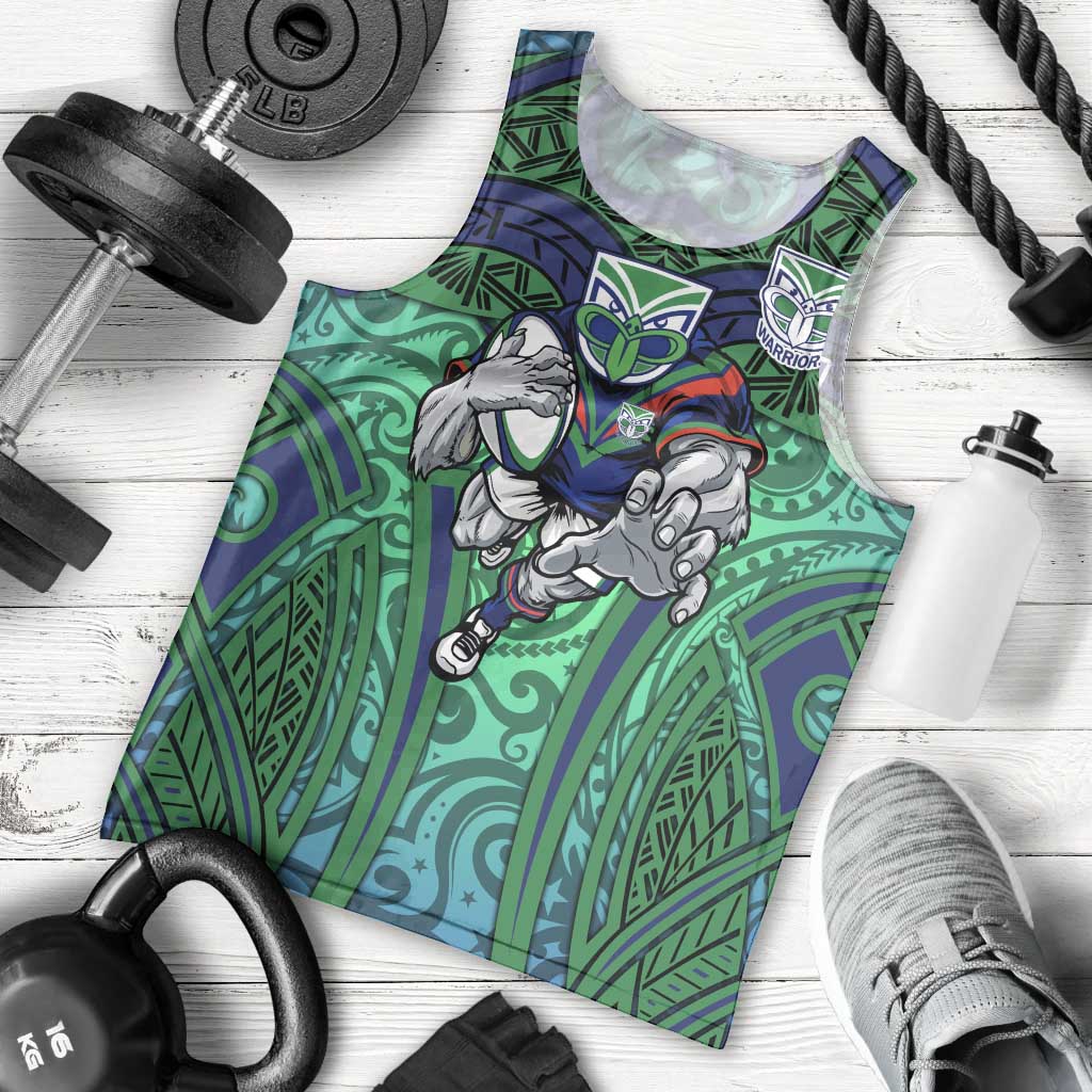 New Zealand Warriors Rugby Men Tank Top Polynesian Tribal Warrior Mask Green Blue Pattern