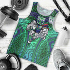 New Zealand Warriors Rugby Men Tank Top Polynesian Tribal Warrior Mask Green Blue Pattern