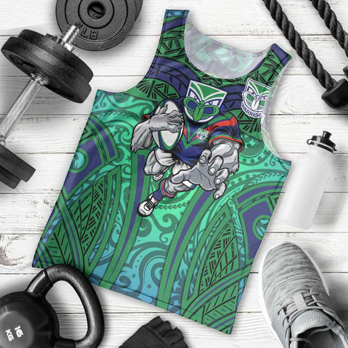 New Zealand Warriors Rugby Men Tank Top Polynesian Tribal Warrior Mask Green Blue Pattern