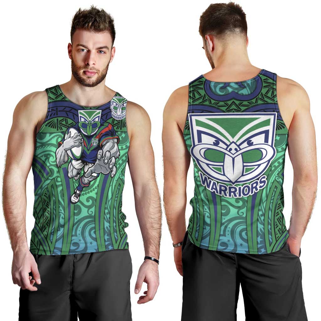 New Zealand Warriors Rugby Men Tank Top Polynesian Tribal Warrior Mask Green Blue Pattern