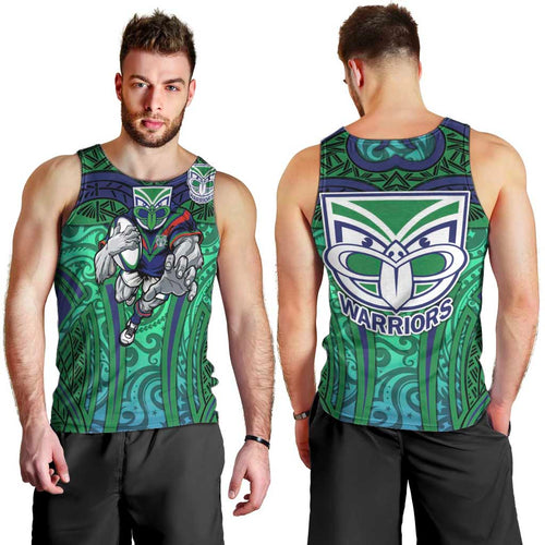 New Zealand Warriors Rugby Men Tank Top Polynesian Tribal Warrior Mask Green Blue Pattern