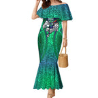 New Zealand Warriors Rugby Mermaid Dress Polynesian Tribal Warrior Mask Green Blue Pattern