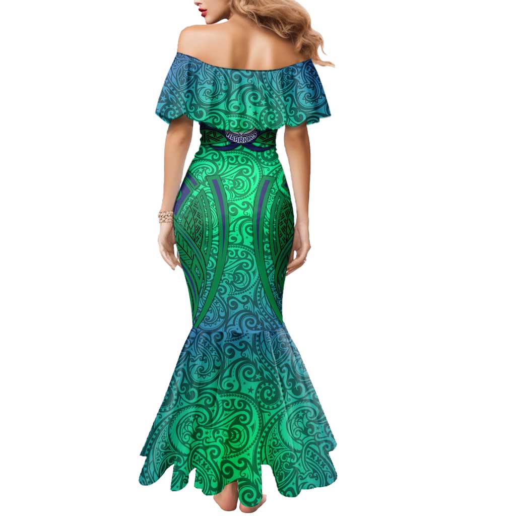 New Zealand Warriors Rugby Mermaid Dress Polynesian Tribal Warrior Mask Green Blue Pattern