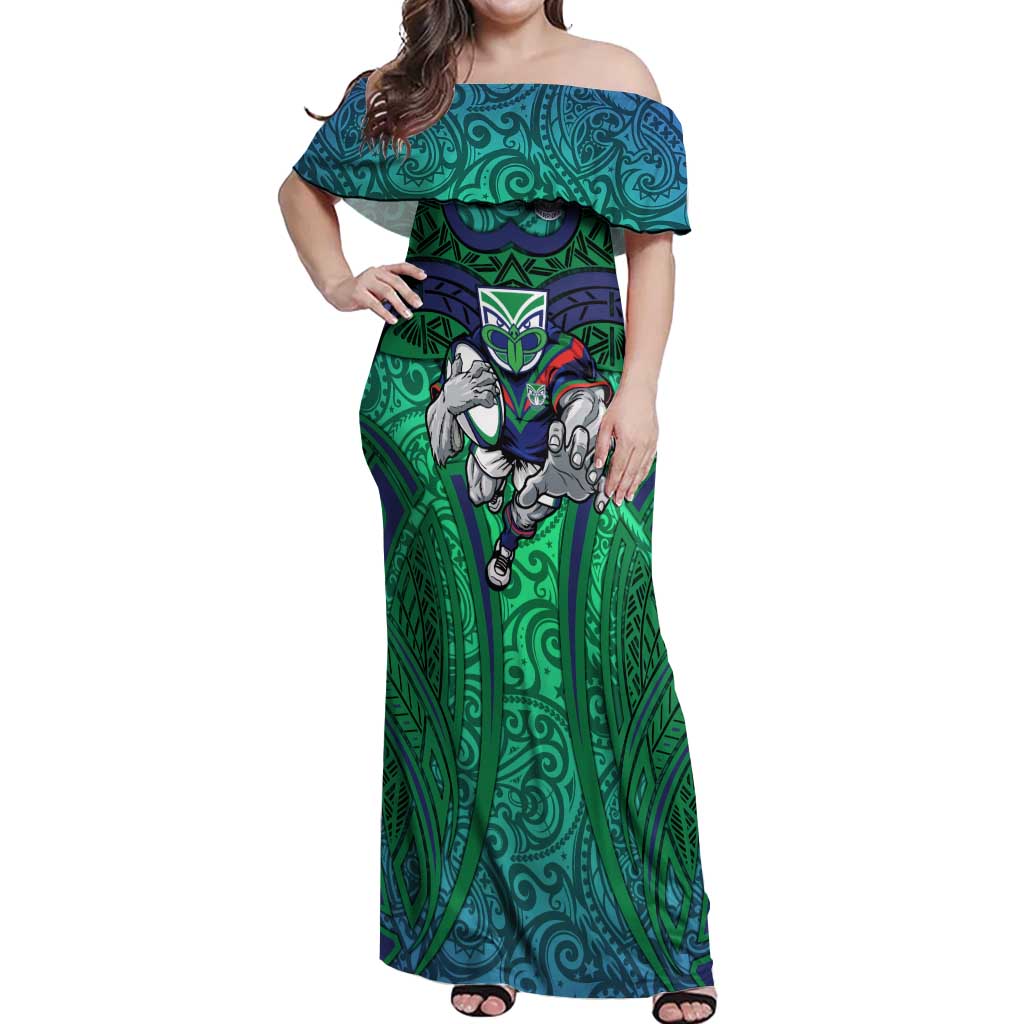 New Zealand Warriors Rugby Off Shoulder Maxi Dress Polynesian Tribal Warrior Mask Green Blue Pattern