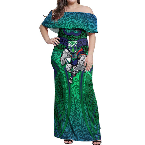 New Zealand Warriors Rugby Off Shoulder Maxi Dress Polynesian Tribal Warrior Mask Green Blue Pattern