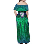 New Zealand Warriors Rugby Off Shoulder Maxi Dress Polynesian Tribal Warrior Mask Green Blue Pattern