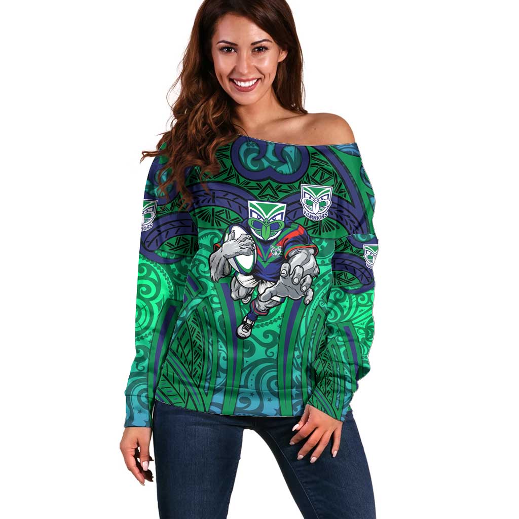 New Zealand Warriors Rugby Off Shoulder Sweater Polynesian Tribal Warrior Mask Green Blue Pattern