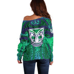 New Zealand Warriors Rugby Off Shoulder Sweater Polynesian Tribal Warrior Mask Green Blue Pattern