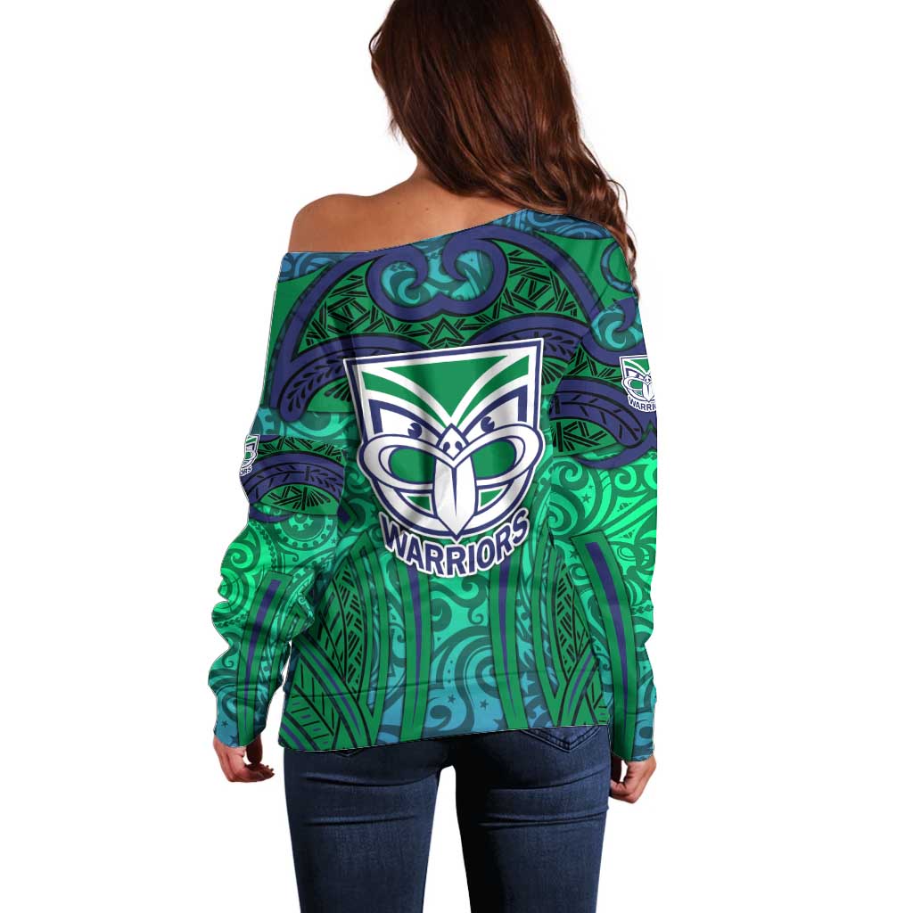 New Zealand Warriors Rugby Off Shoulder Sweater Polynesian Tribal Warrior Mask Green Blue Pattern