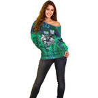 New Zealand Warriors Rugby Off Shoulder Sweater Polynesian Tribal Warrior Mask Green Blue Pattern