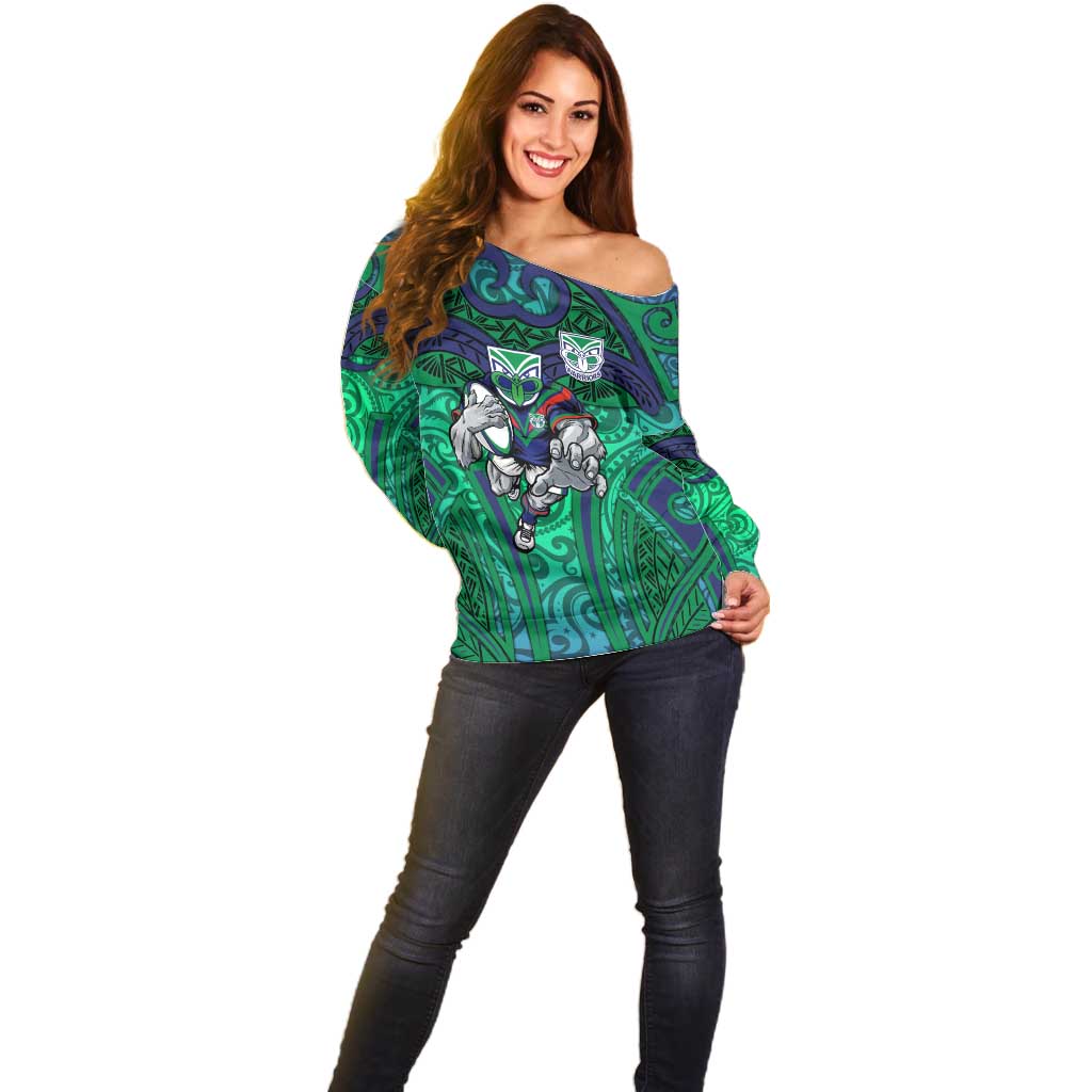 New Zealand Warriors Rugby Off Shoulder Sweater Polynesian Tribal Warrior Mask Green Blue Pattern