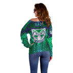 New Zealand Warriors Rugby Off Shoulder Sweater Polynesian Tribal Warrior Mask Green Blue Pattern