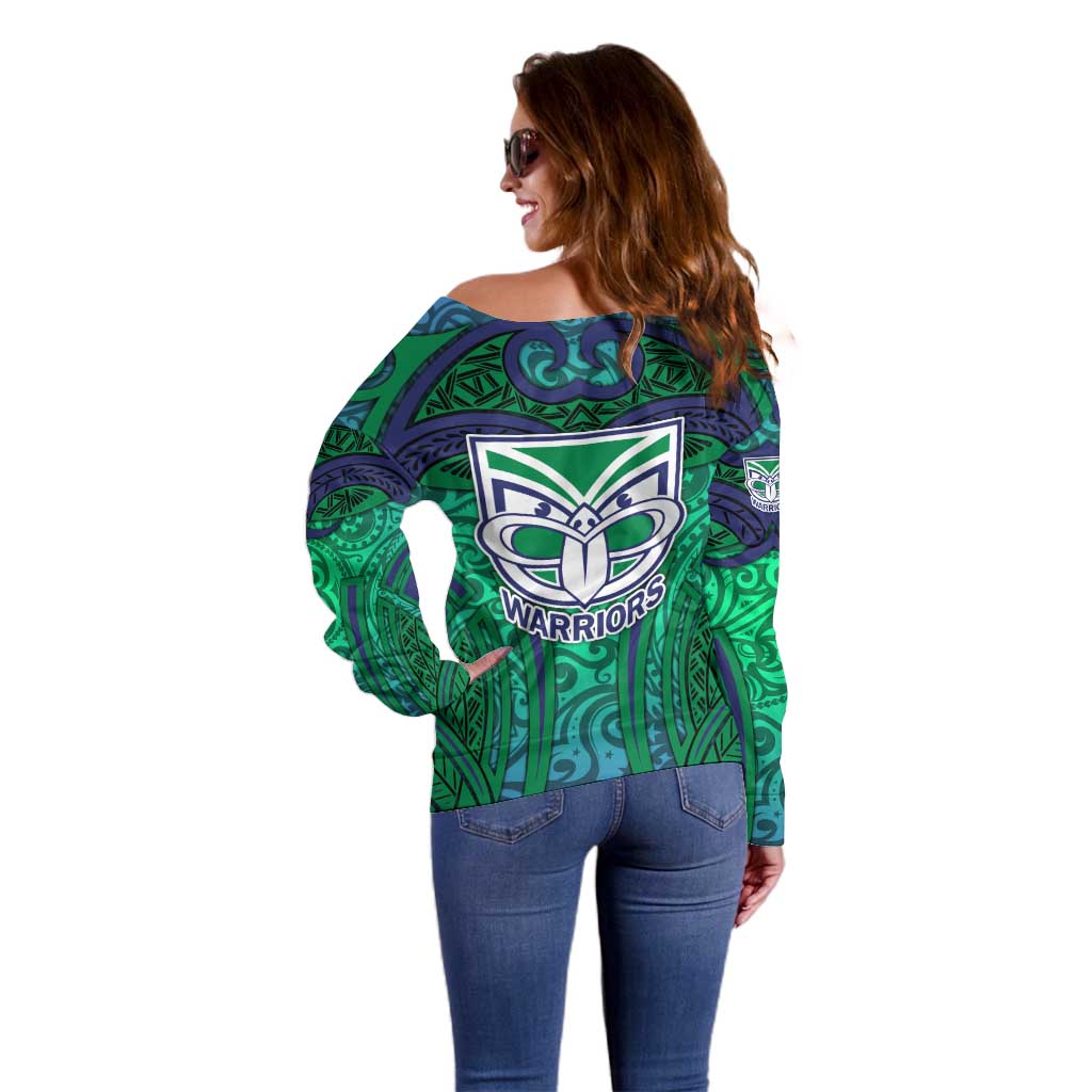 New Zealand Warriors Rugby Off Shoulder Sweater Polynesian Tribal Warrior Mask Green Blue Pattern