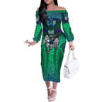 New Zealand Warriors Rugby Off The Shoulder Long Sleeve Dress Polynesian Tribal Warrior Mask Green Blue Pattern