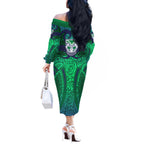 New Zealand Warriors Rugby Off The Shoulder Long Sleeve Dress Polynesian Tribal Warrior Mask Green Blue Pattern
