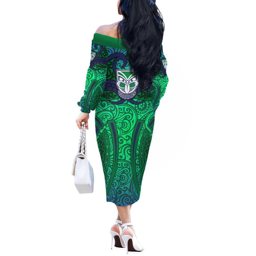 New Zealand Warriors Rugby Off The Shoulder Long Sleeve Dress Polynesian Tribal Warrior Mask Green Blue Pattern