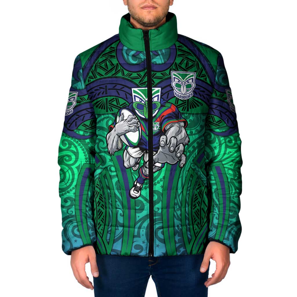 New Zealand Warriors Rugby Padded Jacket Polynesian Tribal Warrior Mask Green Blue Pattern