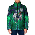 New Zealand Warriors Rugby Padded Jacket Polynesian Tribal Warrior Mask Green Blue Pattern