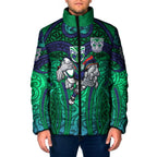 New Zealand Warriors Rugby Padded Jacket Polynesian Tribal Warrior Mask Green Blue Pattern