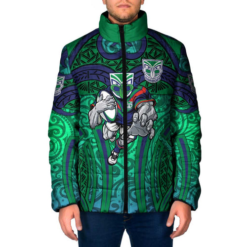 New Zealand Warriors Rugby Padded Jacket Polynesian Tribal Warrior Mask Green Blue Pattern