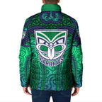 New Zealand Warriors Rugby Padded Jacket Polynesian Tribal Warrior Mask Green Blue Pattern