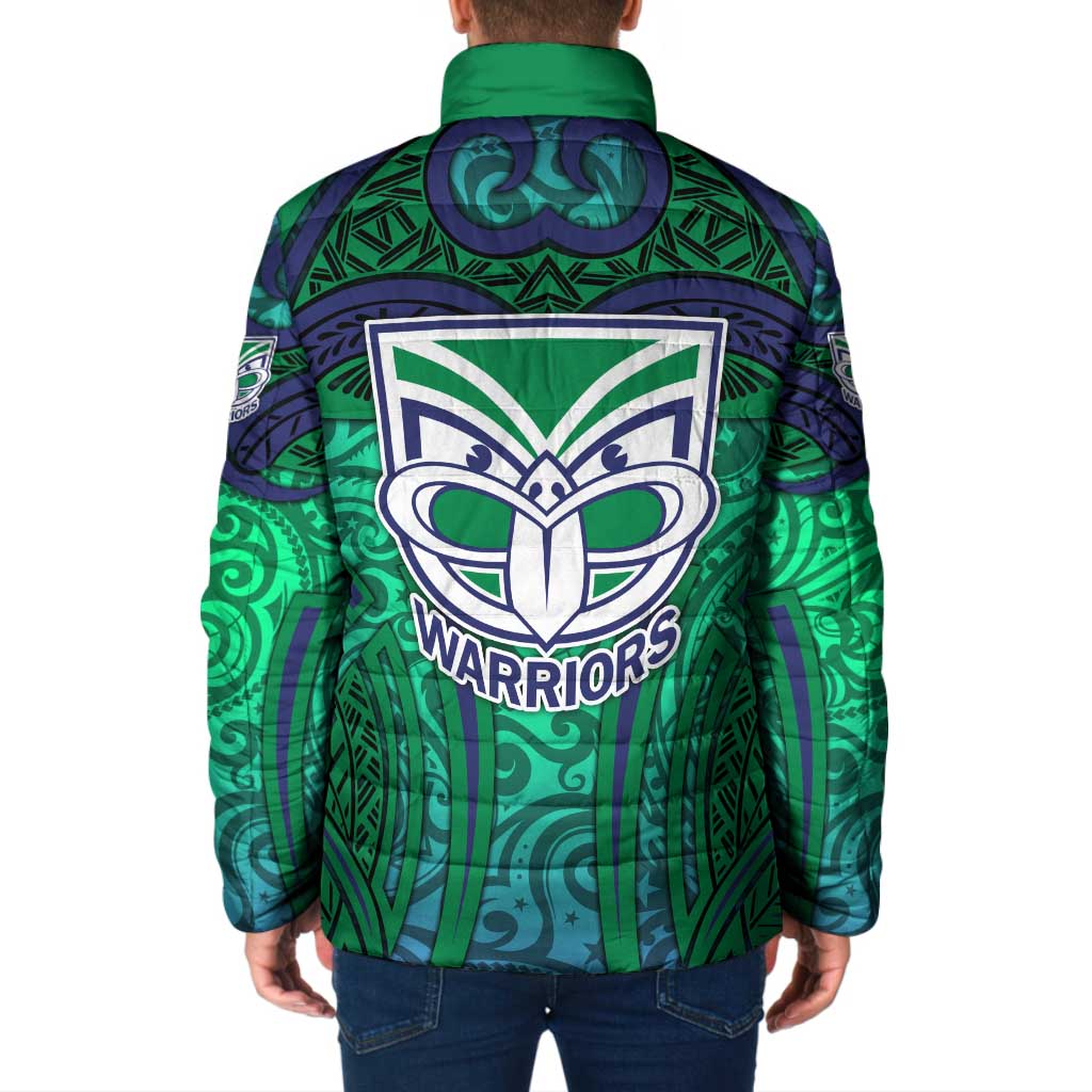 New Zealand Warriors Rugby Padded Jacket Polynesian Tribal Warrior Mask Green Blue Pattern