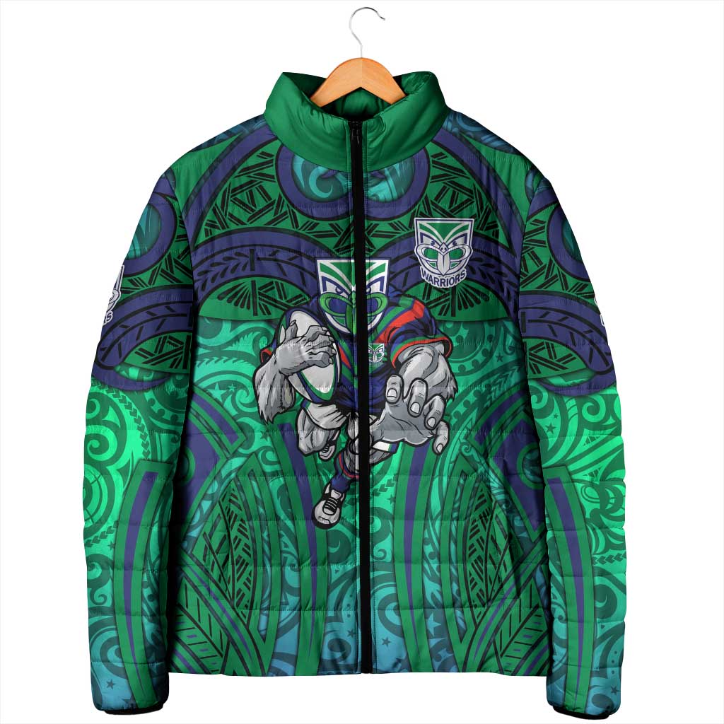 New Zealand Warriors Rugby Padded Jacket Polynesian Tribal Warrior Mask Green Blue Pattern