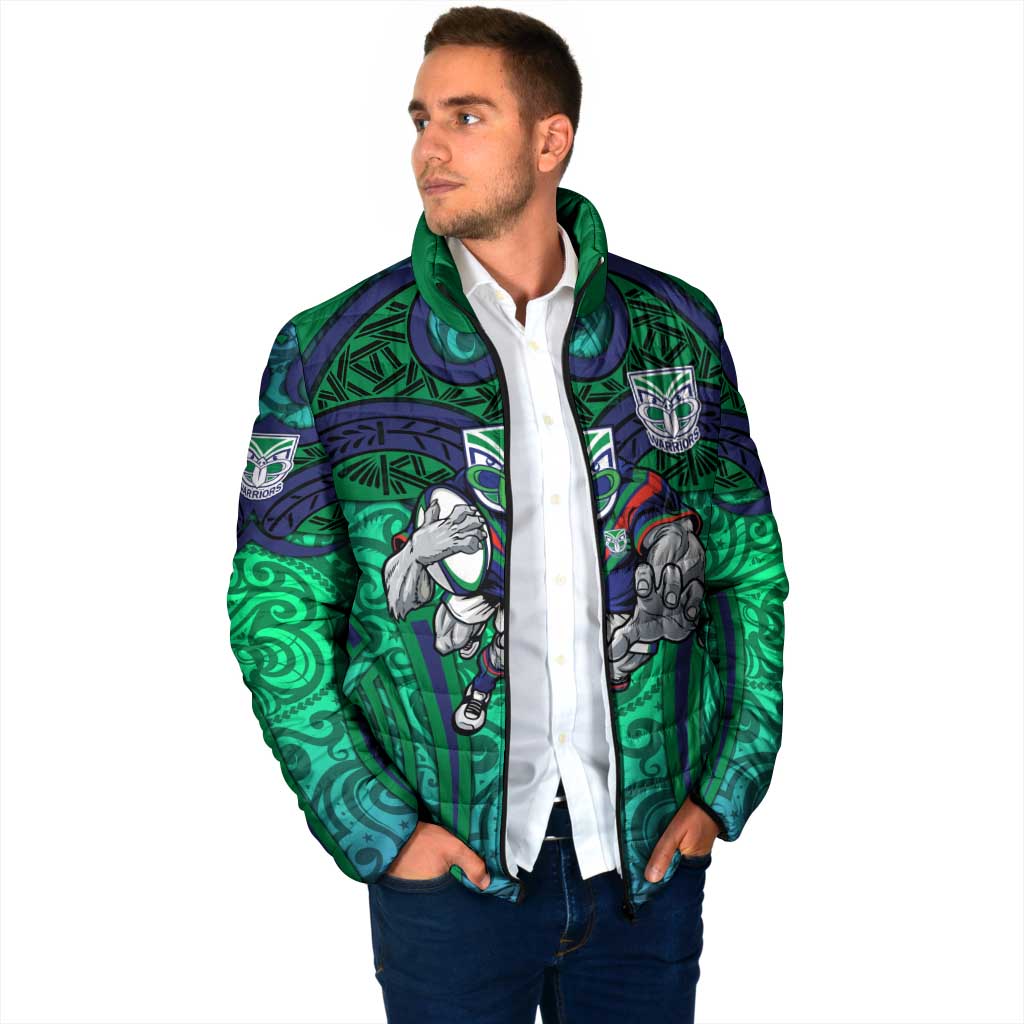 New Zealand Warriors Rugby Padded Jacket Polynesian Tribal Warrior Mask Green Blue Pattern