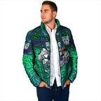 New Zealand Warriors Rugby Padded Jacket Polynesian Tribal Warrior Mask Green Blue Pattern