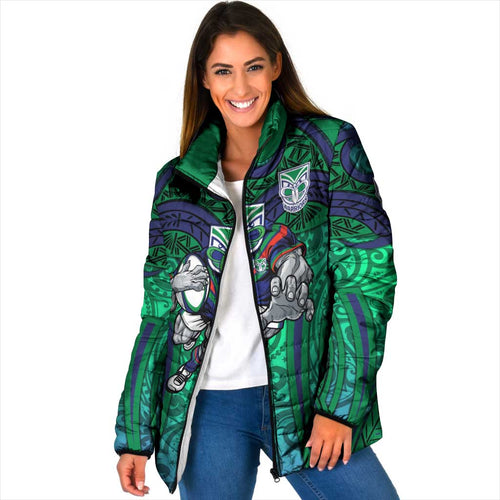 New Zealand Warriors Rugby Padded Jacket Polynesian Tribal Warrior Mask Green Blue Pattern