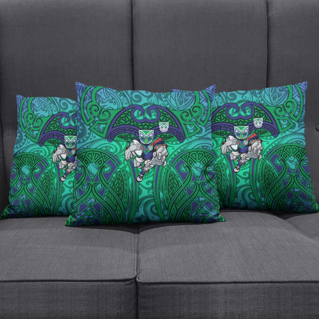 New Zealand Warriors Rugby Pillow Cover Polynesian Tribal Warrior Mask Green Blue Pattern