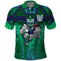New Zealand Warriors Rugby Polo Shirt Polynesian Tribal Warrior Mask Green Blue Pattern