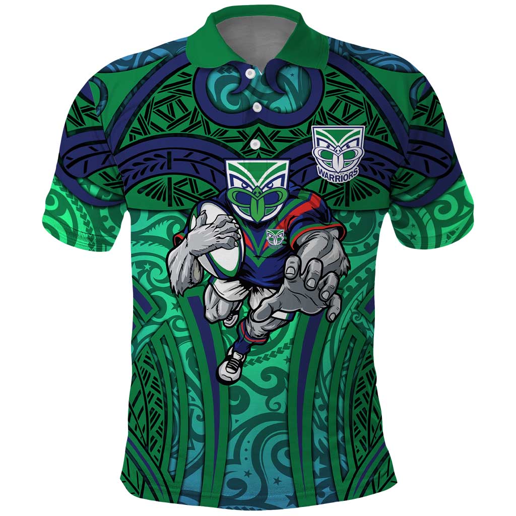New Zealand Warriors Rugby Polo Shirt Polynesian Tribal Warrior Mask Green Blue Pattern