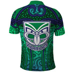 New Zealand Warriors Rugby Polo Shirt Polynesian Tribal Warrior Mask Green Blue Pattern