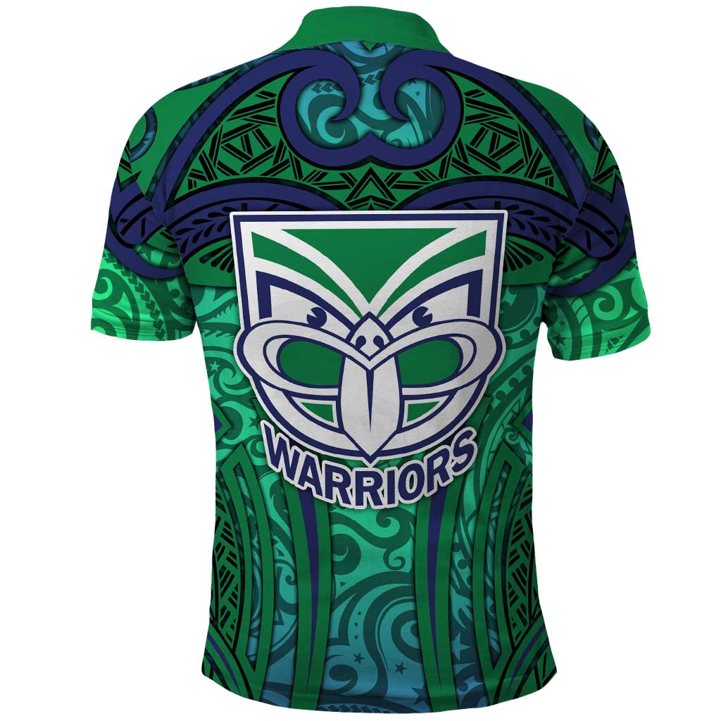 New Zealand Warriors Rugby Polo Shirt Polynesian Tribal Warrior Mask Green Blue Pattern