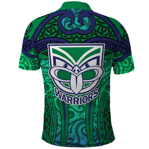 New Zealand Warriors Rugby Polo Shirt Polynesian Tribal Warrior Mask Green Blue Pattern