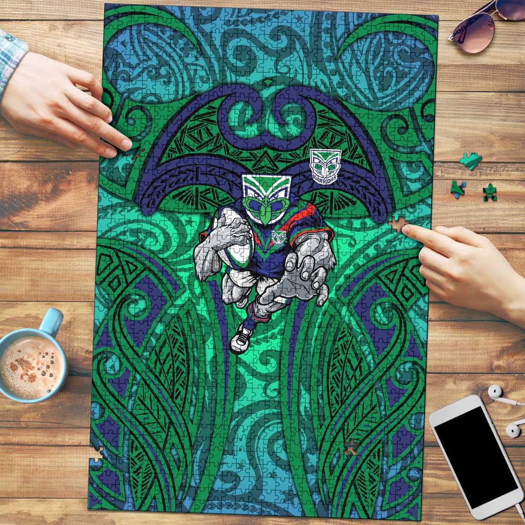 New Zealand Warriors Rugby Puzzle Polynesian Tribal Warrior Mask Green Blue Pattern