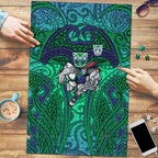 New Zealand Warriors Rugby Puzzle Polynesian Tribal Warrior Mask Green Blue Pattern