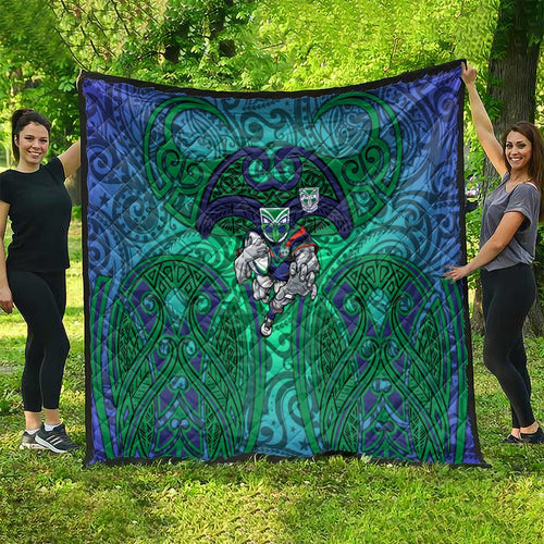 New Zealand Warriors Rugby Quilt Polynesian Tribal Warrior Mask Green Blue Pattern