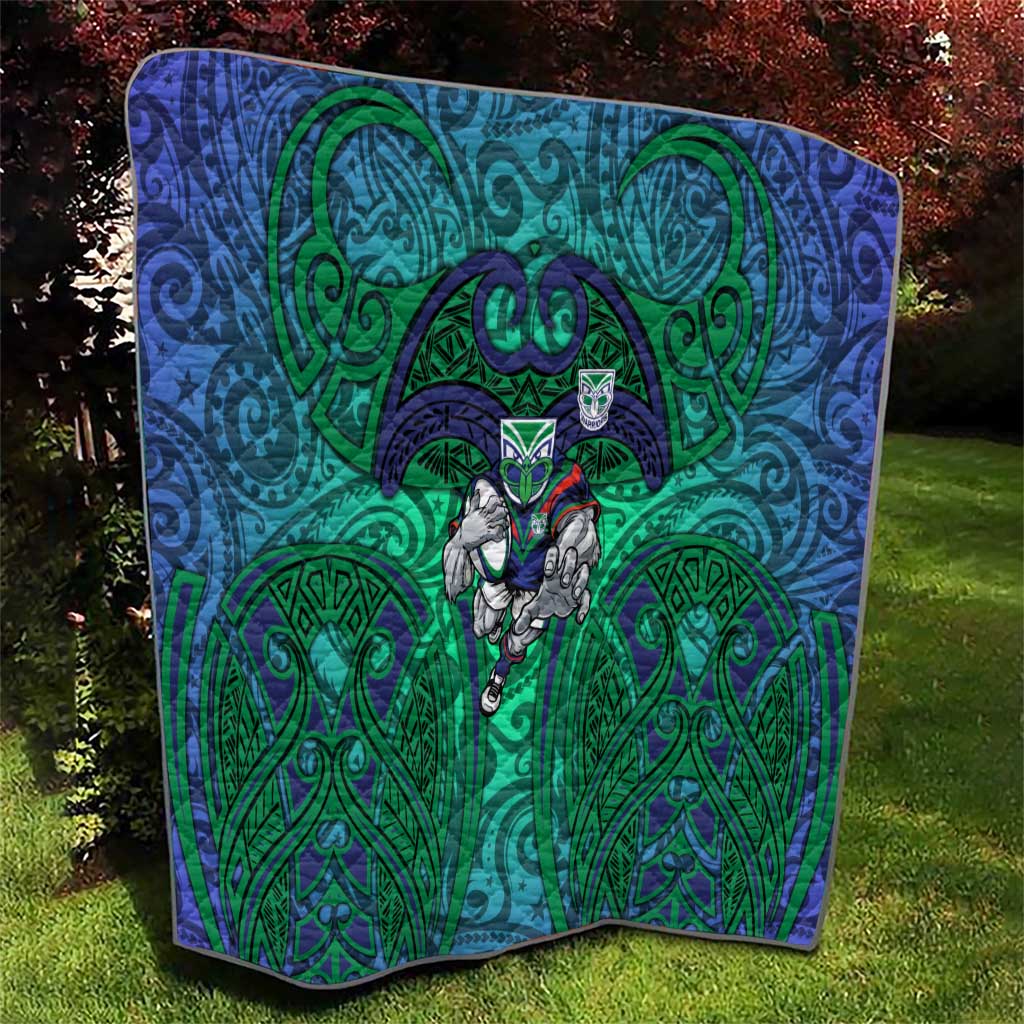 New Zealand Warriors Rugby Quilt Polynesian Tribal Warrior Mask Green Blue Pattern